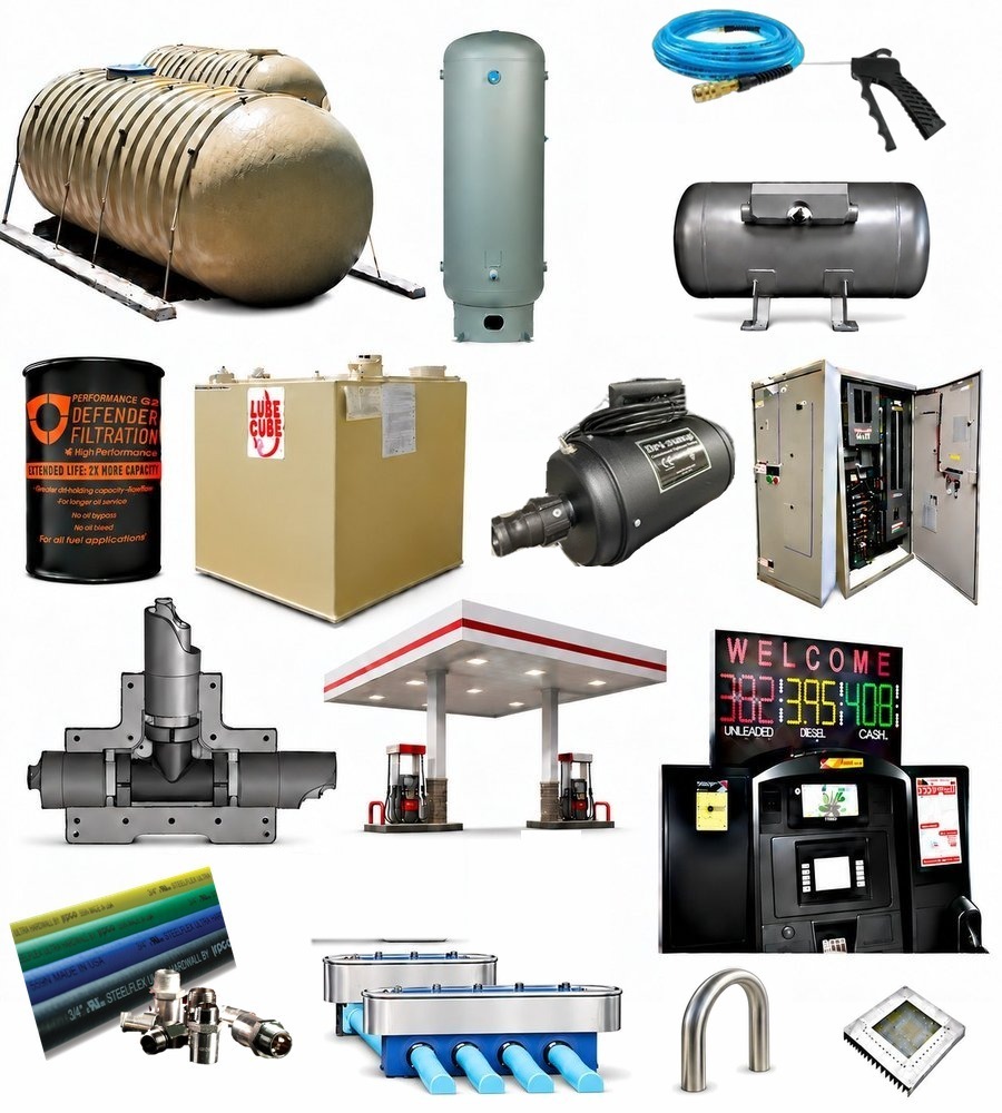ESA product lines — storage tanks, air receivers, blow guns and air hose, filtration, sump testing, fueling controls, fiberglass piping, fuel hose and fittings, canopies, lighting, and price signage