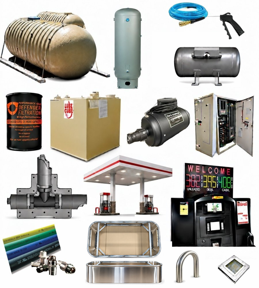 ESA product lines — storage tanks, air receivers, blow guns and air hose, filtration, sump testing, fueling controls, fiberglass piping, fuel hose and fittings, canopies, lighting, and price signage