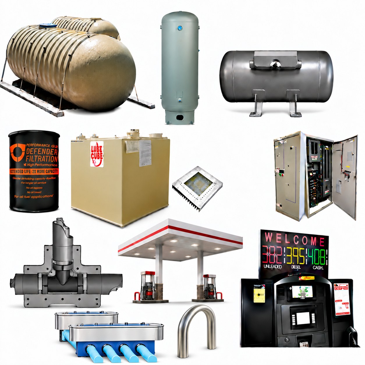 ESA product lines — storage tanks, air receivers, pressure vessels, filtration, fueling controls, canopies, and price signage