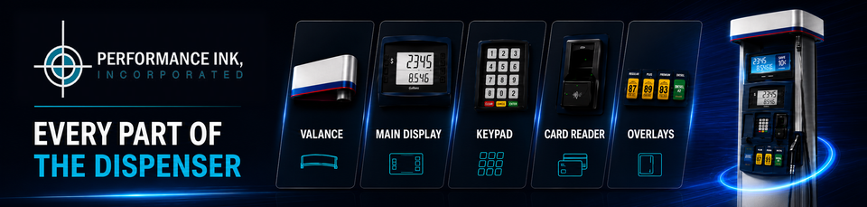 Performance Ink dispenser valances, displays, keypads, card readers, and overlays